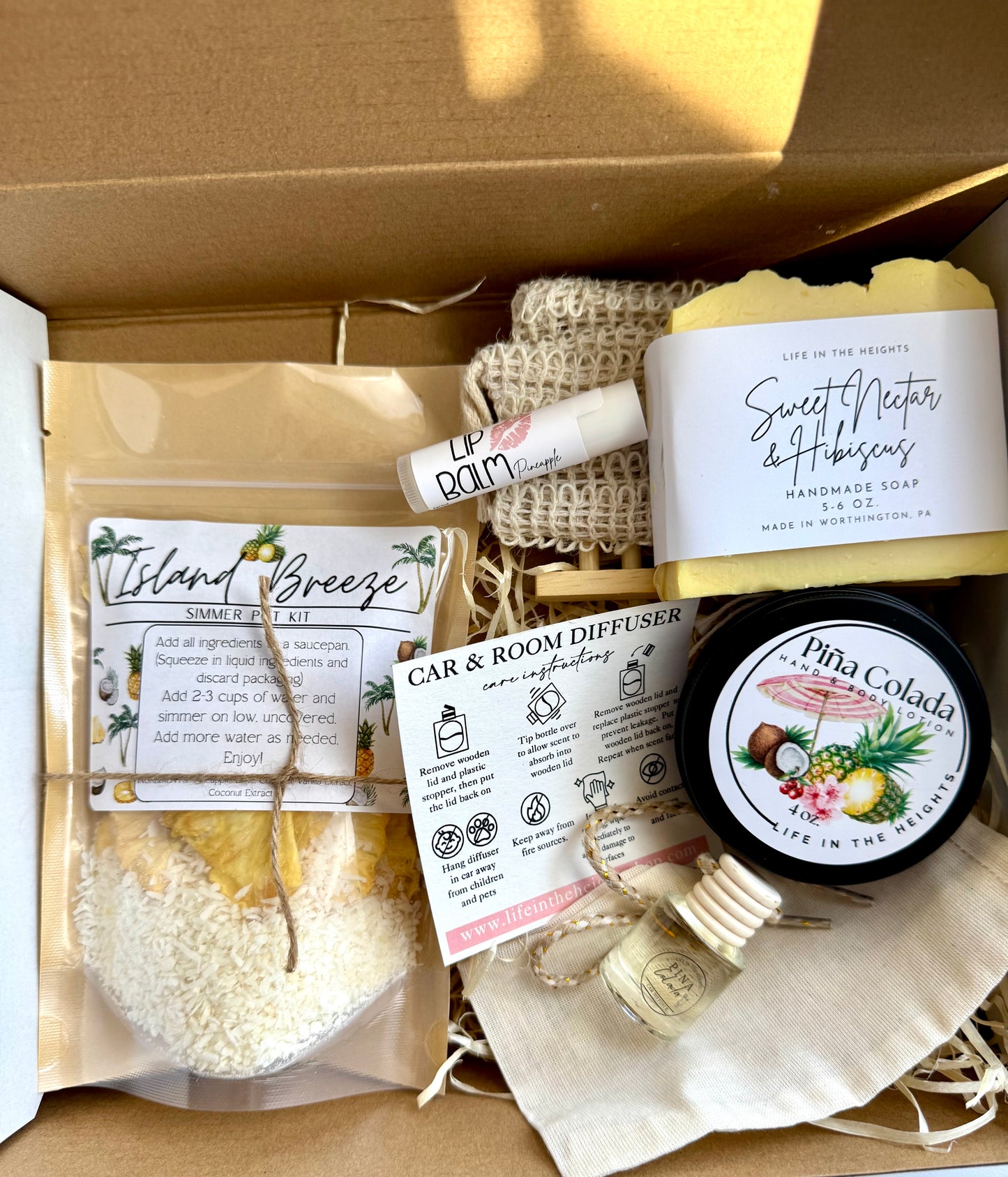 Gift Set - Simmer Pot, Soap with bag & Holder, Car Diffuser, Lip Balm, Lotion