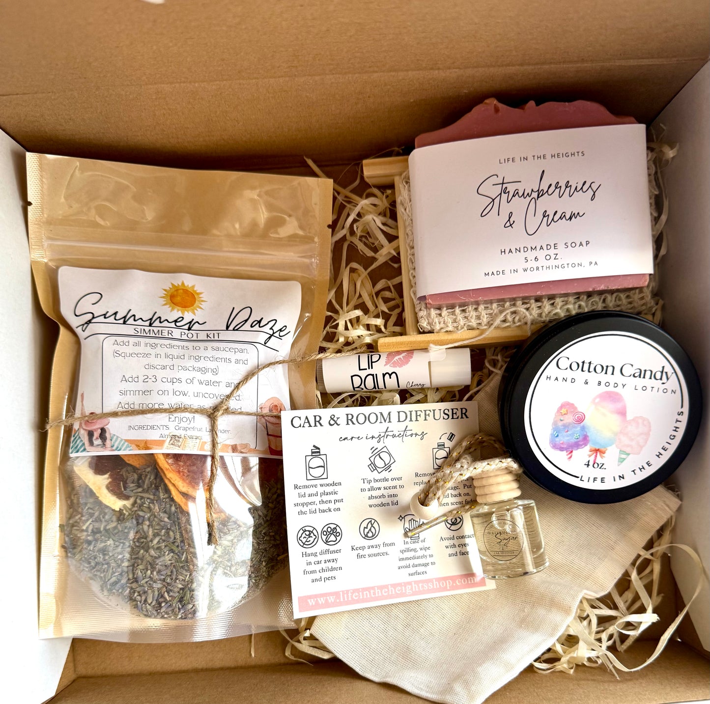 Gift Set - Simmer Pot, Soap with bag & Holder, Car Diffuser, Lip Balm, Lotion