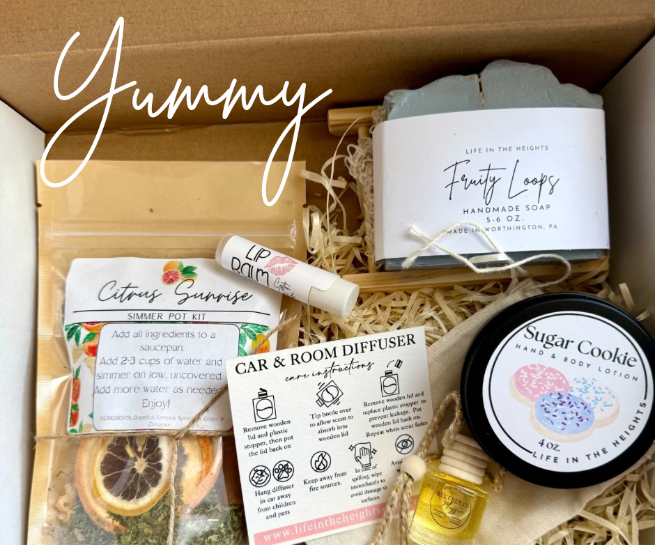 Gift Set - Simmer Pot, Soap with bag & Holder, Car Diffuser, Lip Balm, Lotion