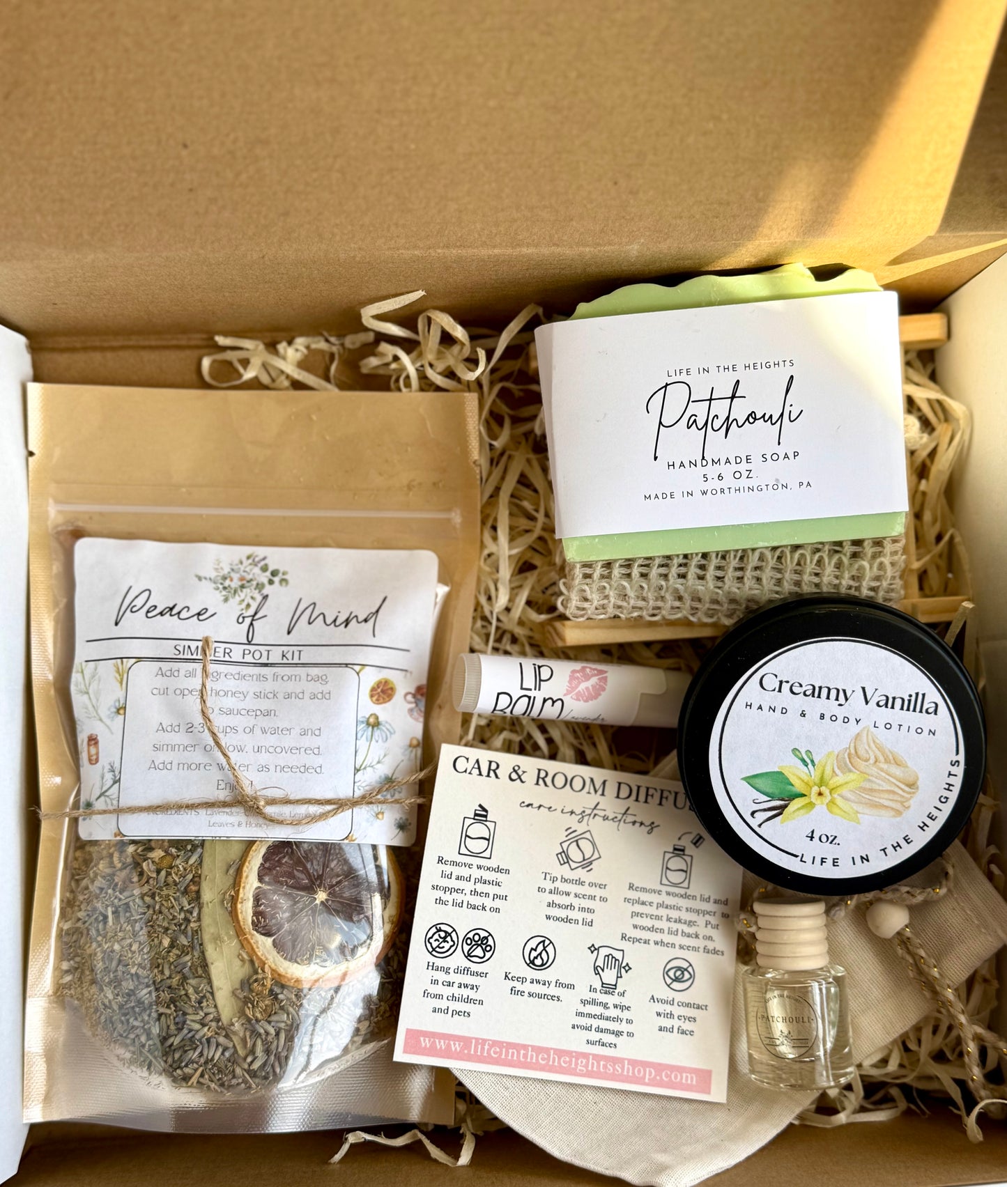 Gift Set - Simmer Pot, Soap with bag & Holder, Car Diffuser, Lip Balm, Lotion