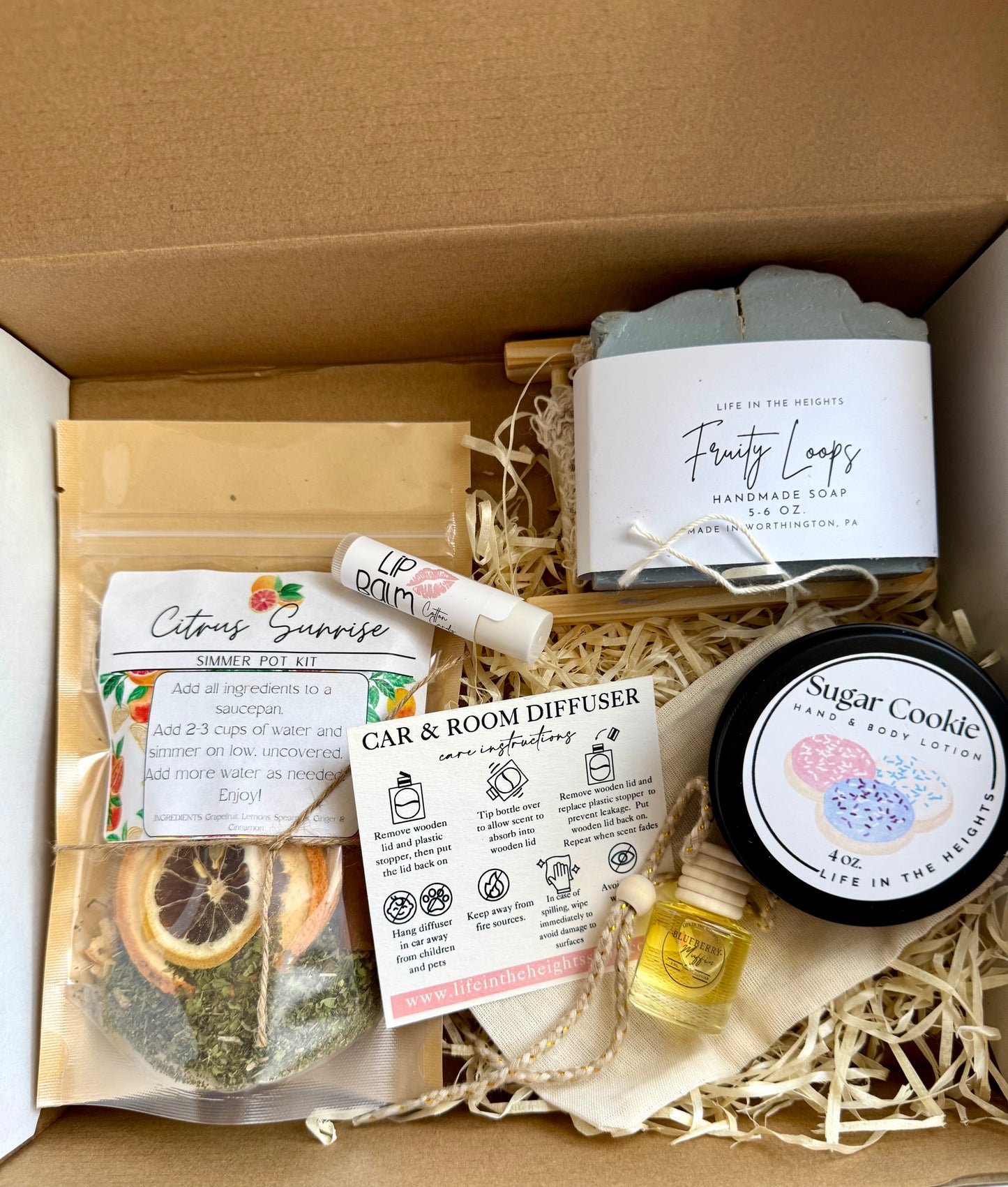 Gift Set - Simmer Pot, Soap with bag & Holder, Car Diffuser, Lip Balm, Lotion