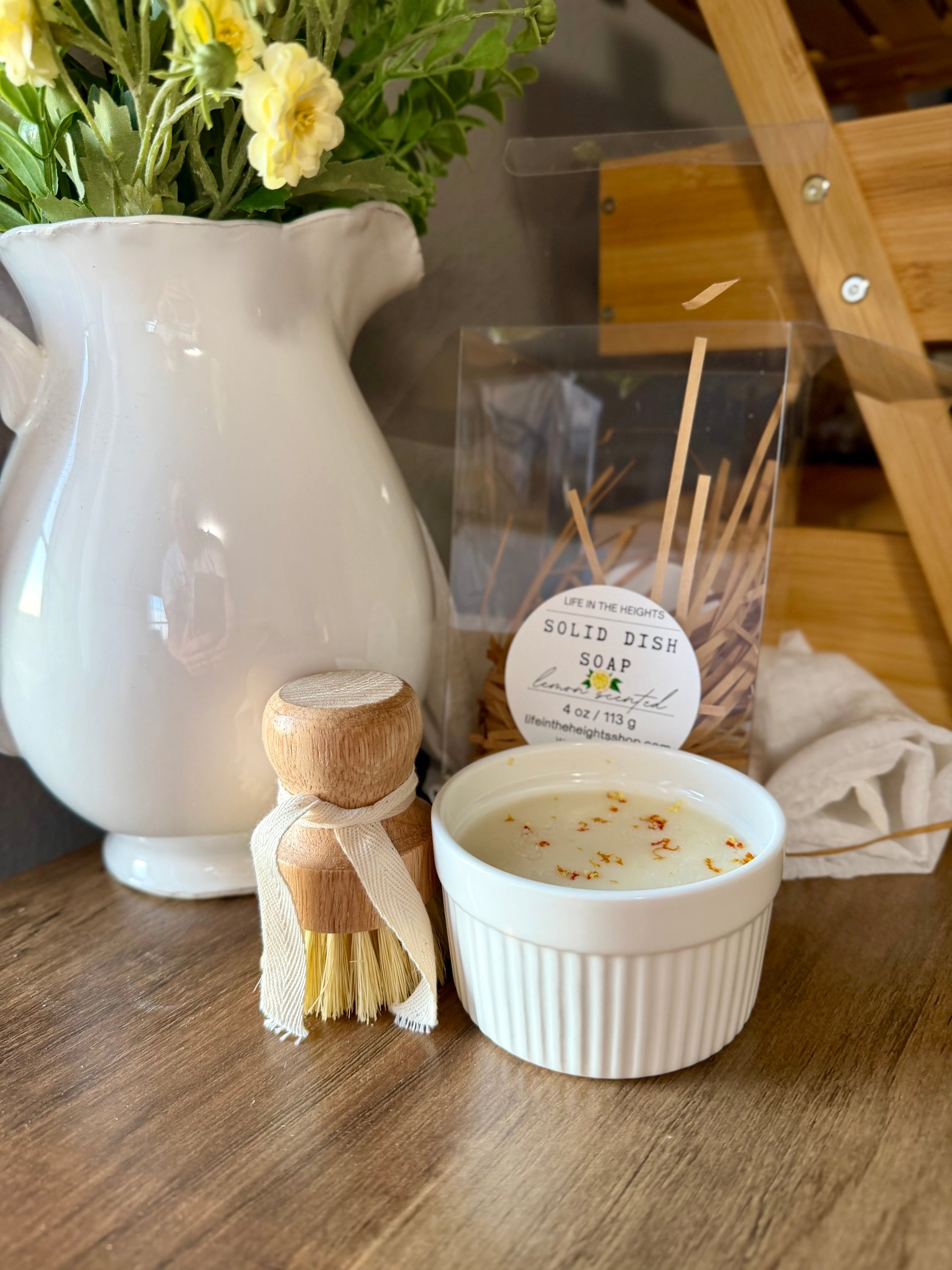 Solid Bar Dish Soap – Farmhouse Kitchen Soap, handmade & natural - Lemon Scented / Soap in Dish + Brush