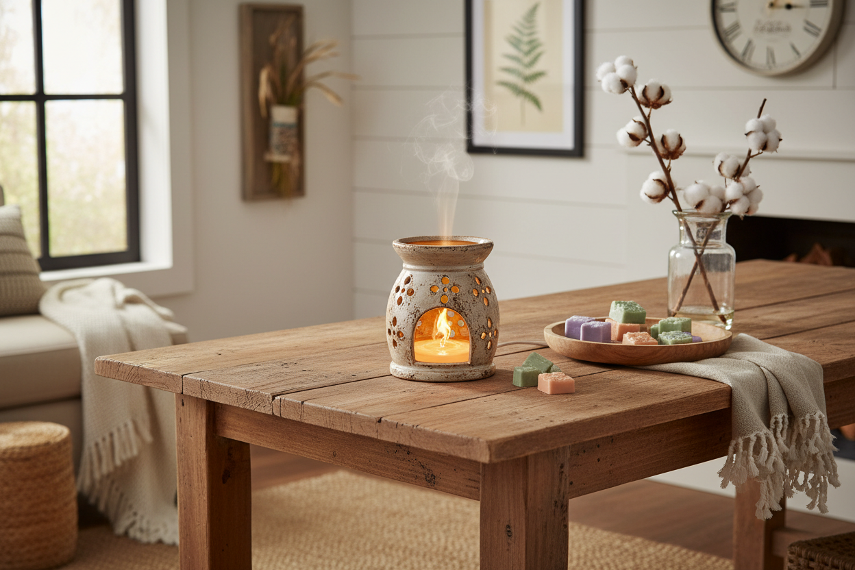 create an image of a wax warmer in a farmhouse setting using one of our wax melts